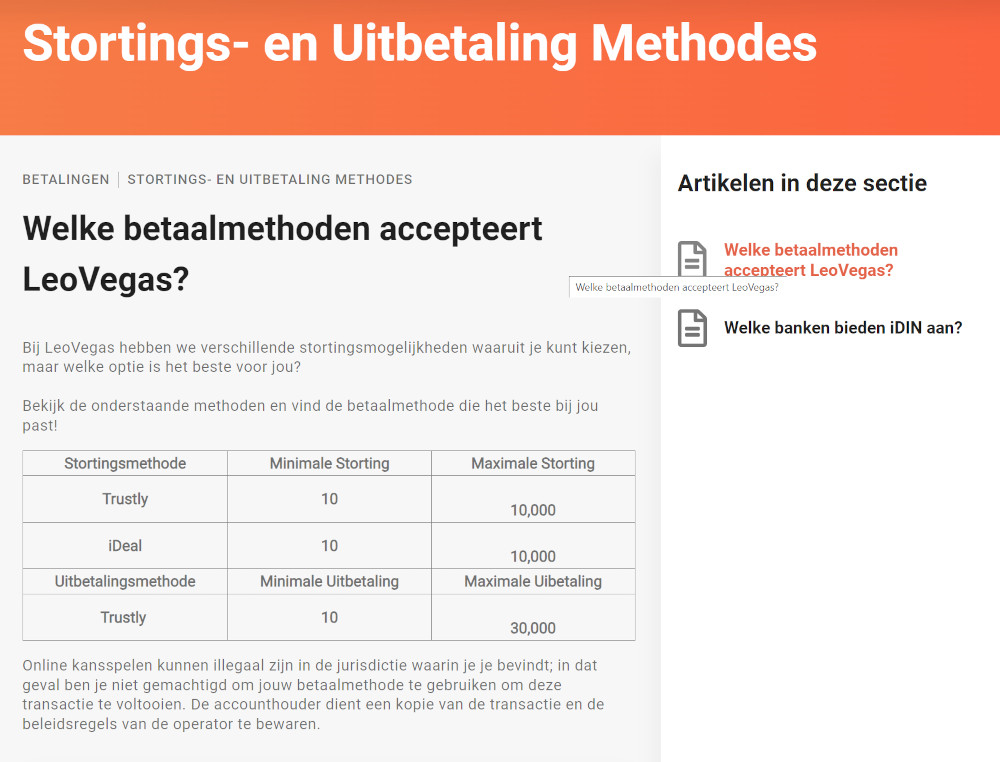 LeoVegas betaalmethoden