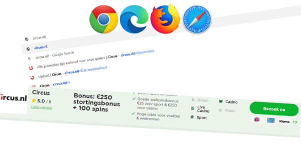 Browser button klikken uitleg hoe ga je naar Circus.nl om in te loggen guide how to sportgokken uitleg