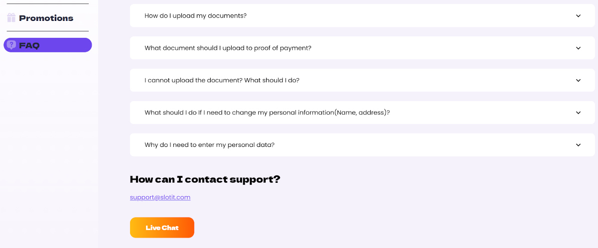 Slot it Casino support