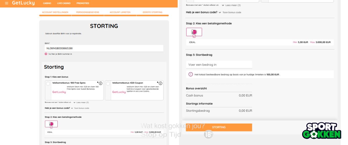 aanmelden getlucky eerste storting iban