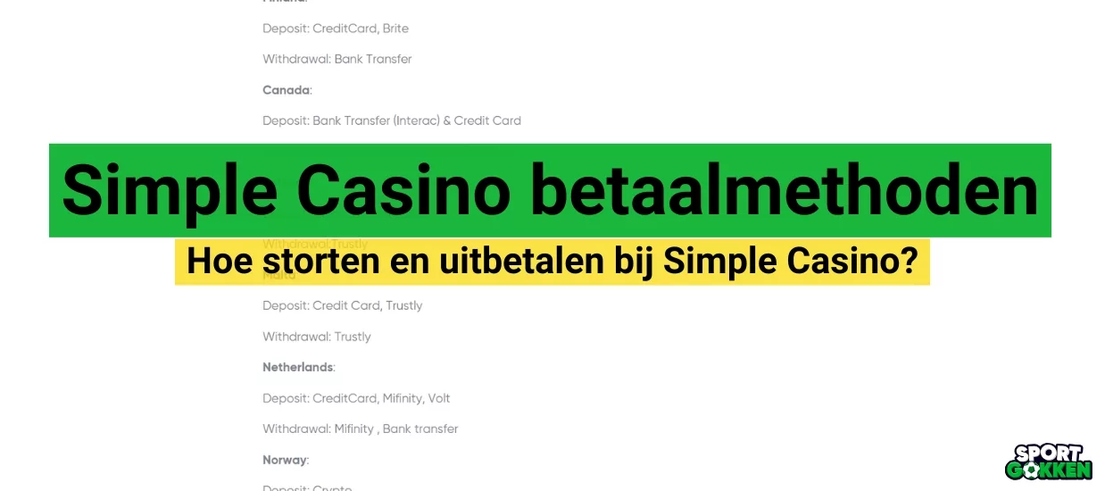 Simple Casino betaalmethoden Simple Casino betaalmethoden
