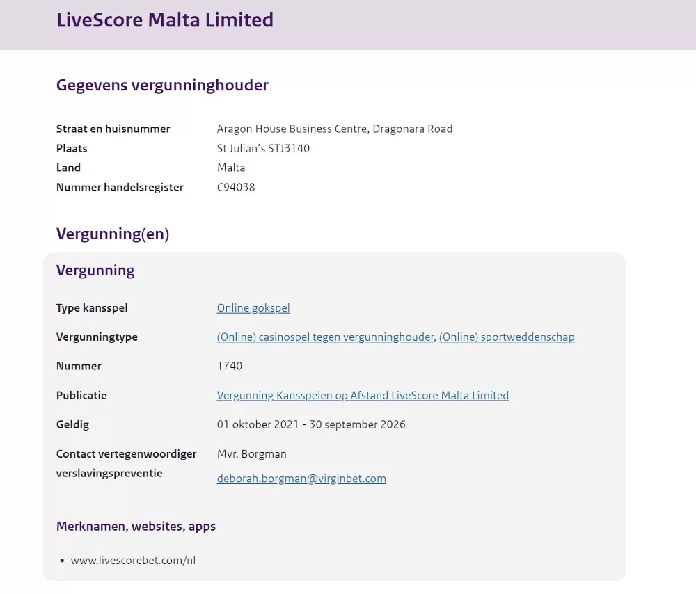 LiveScore Malta Limited vergunning