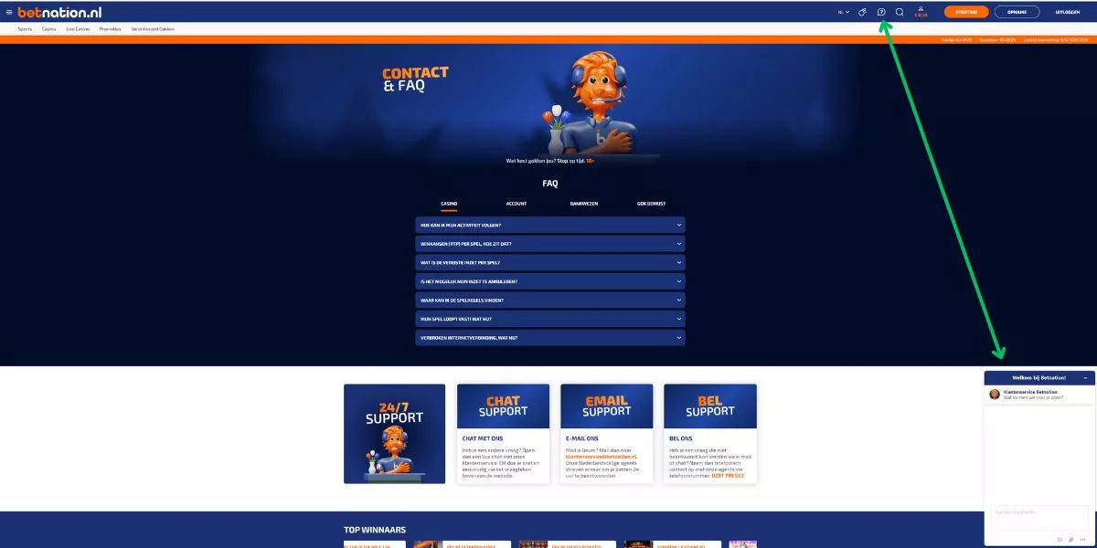 handleiding contacteren vragen stellen klantenservice betnation sportgokken uitleg klik op de chatfunctie