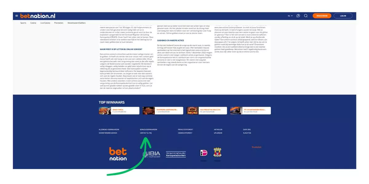 handleiding contacteren vragen stellen klantenservice betnation sportgokken uitleg scroll naar beneden en klik op FAQ contact