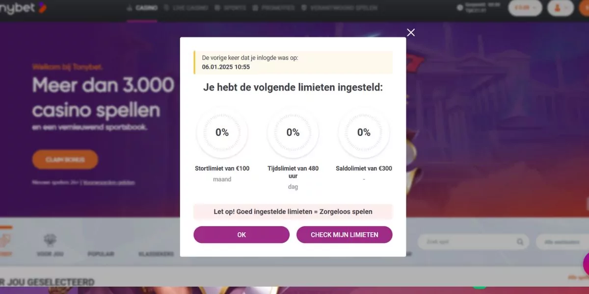 Limieten check inloggen tonybet