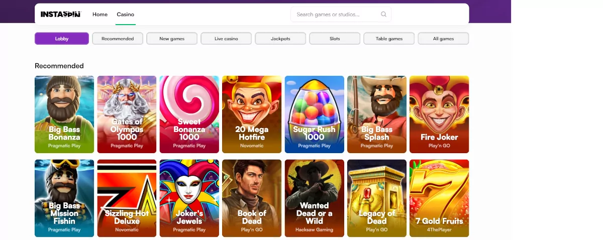 Instaspin Casino lobby