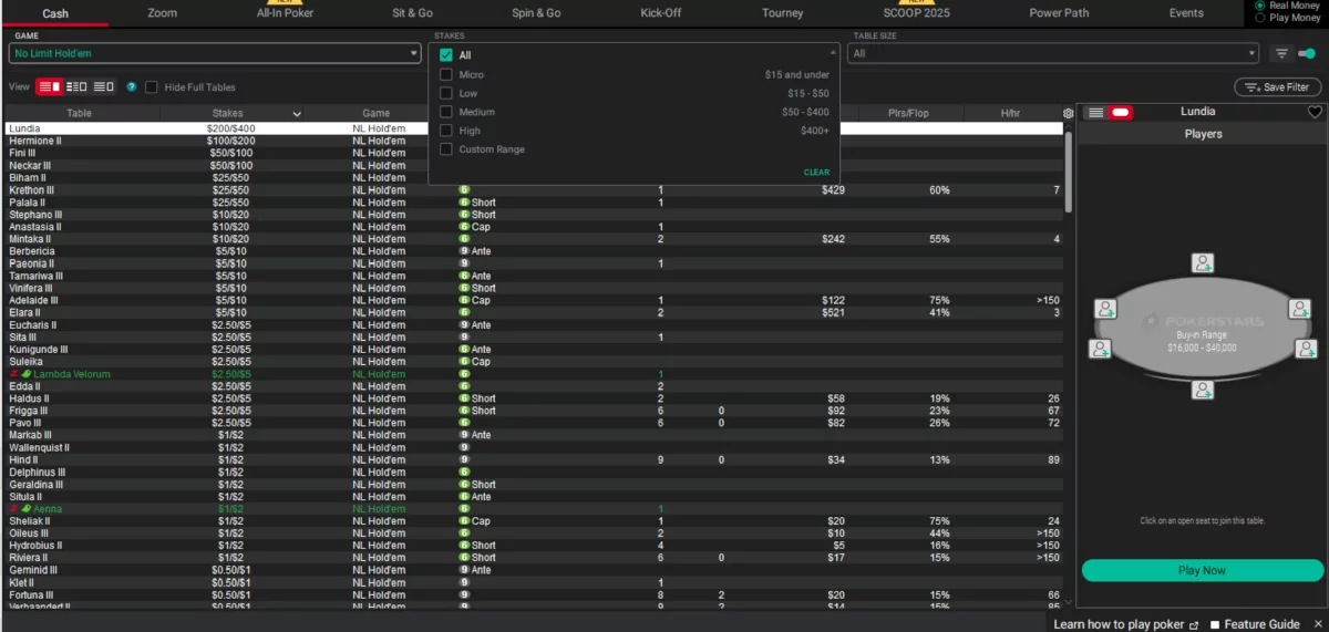 Cash games bij PokerStars