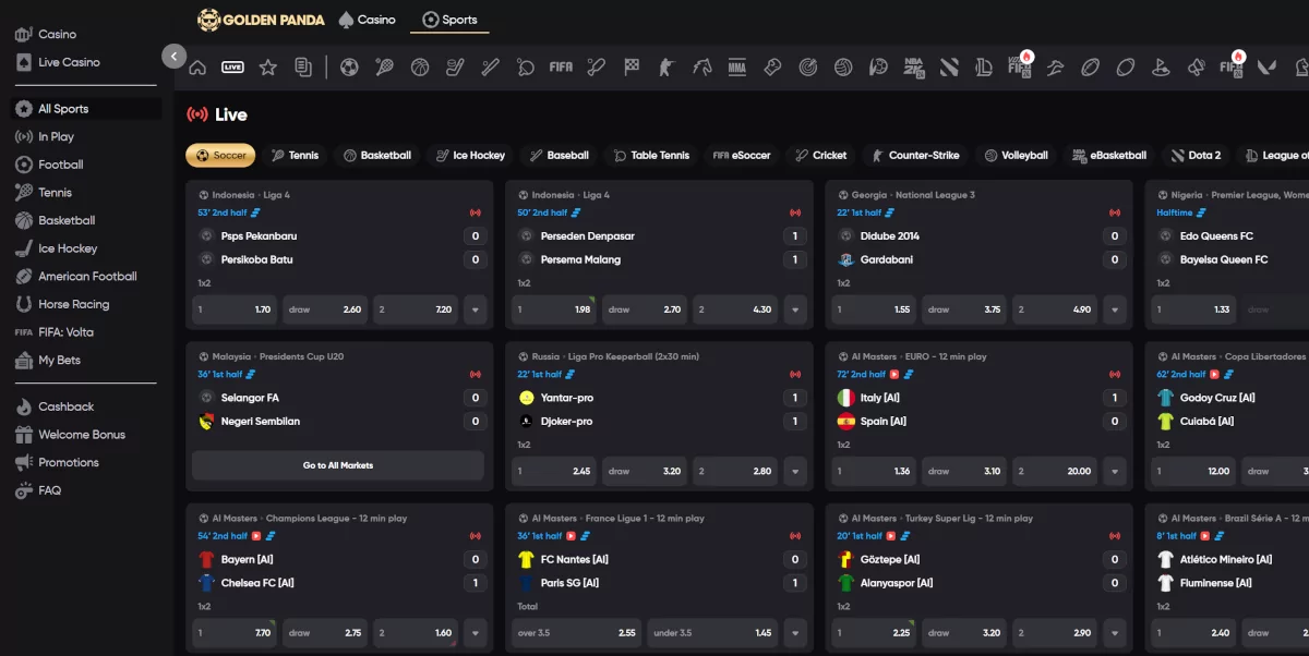 Live betting bij Golden Panda Casino