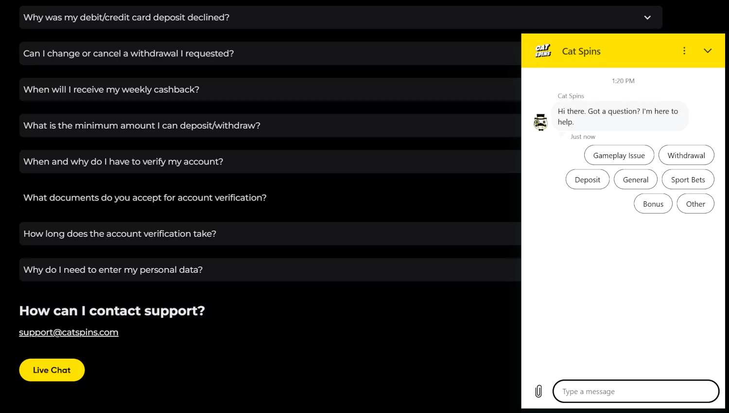 Cat Spins Casino contact