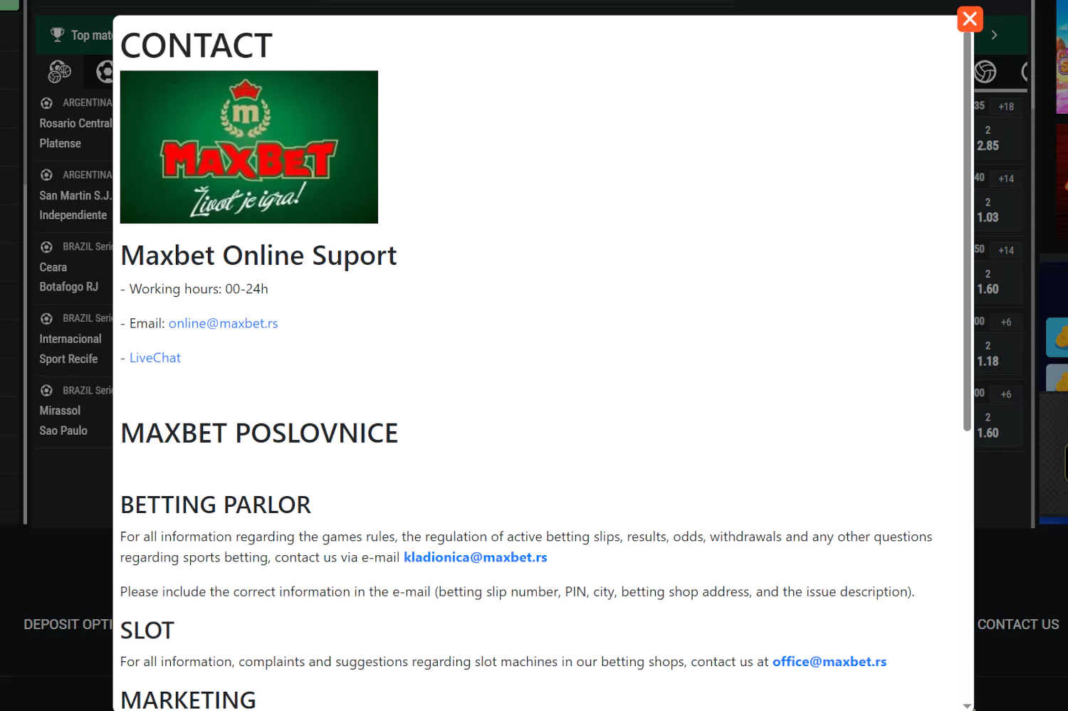 Maxbet contact