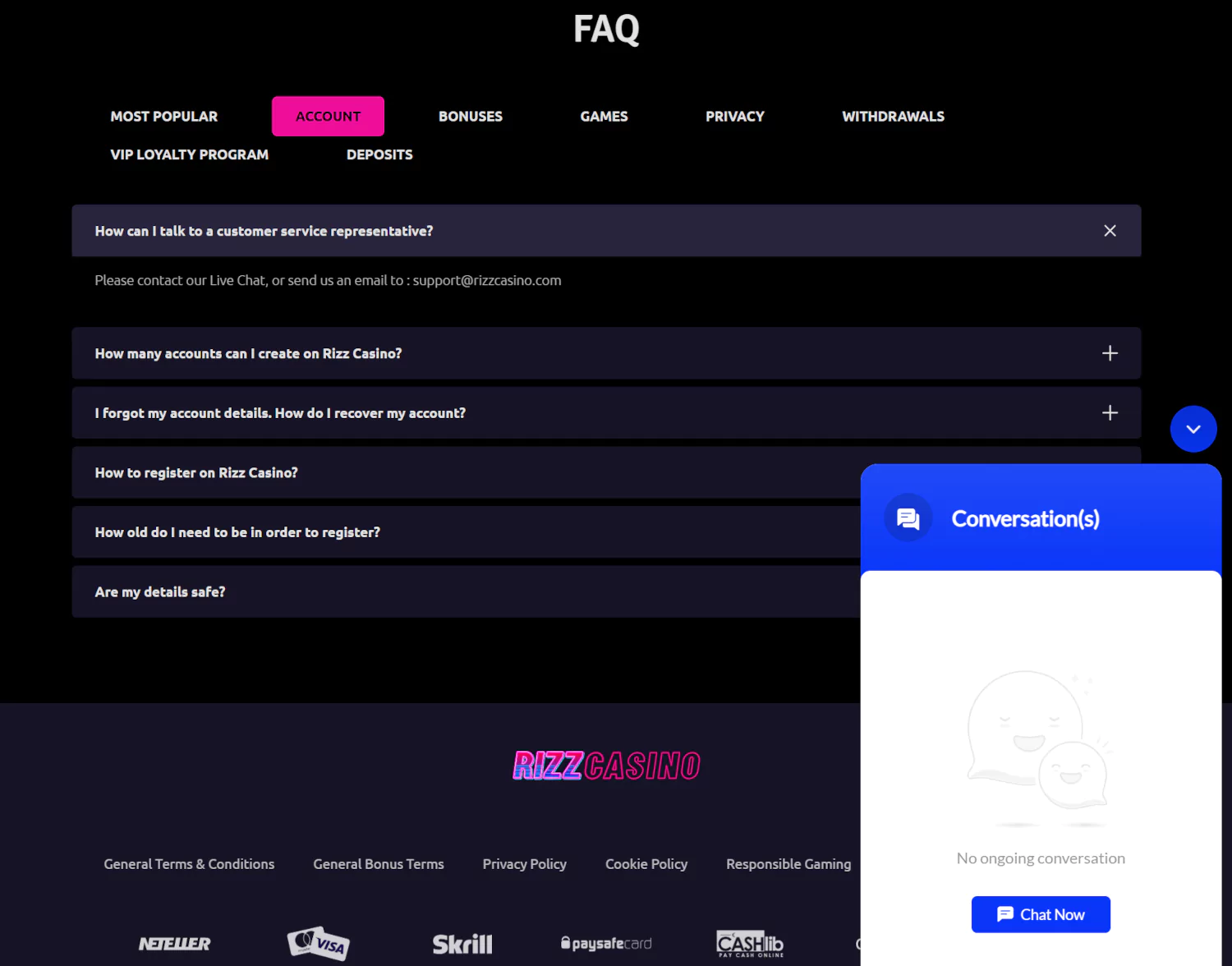 Rizz Casino contact