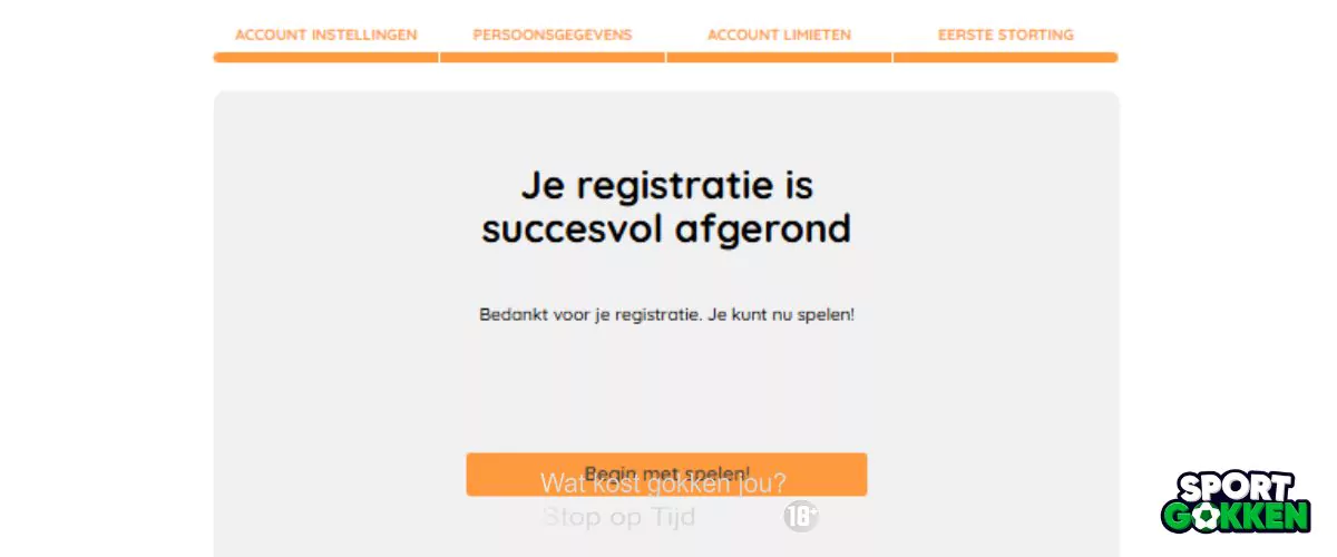 registratie volltooid beginnen account getlucky